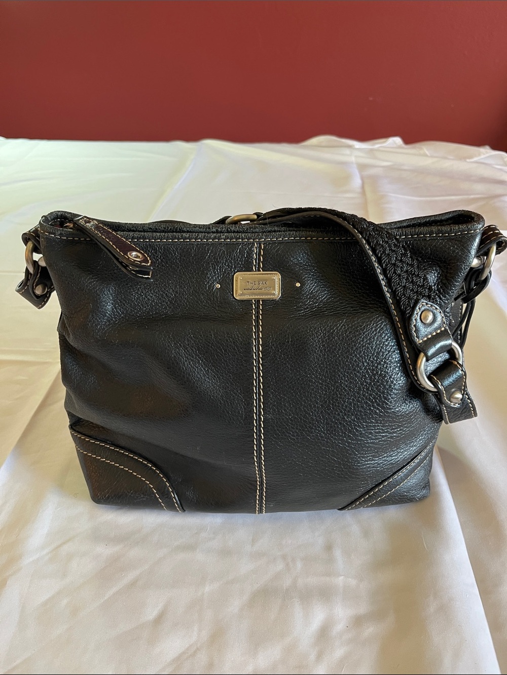 The Sak Black Leather Shoulder Bag with Contrast Stitching